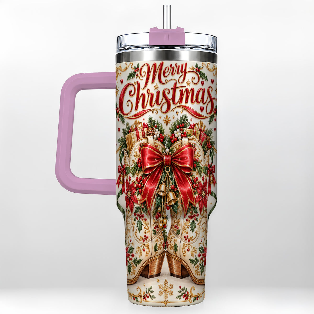 #pl[40oz|Pink] Western Holiday Tumbler 40oz, Boots Tumbler, Stainless Steel Travel Cup