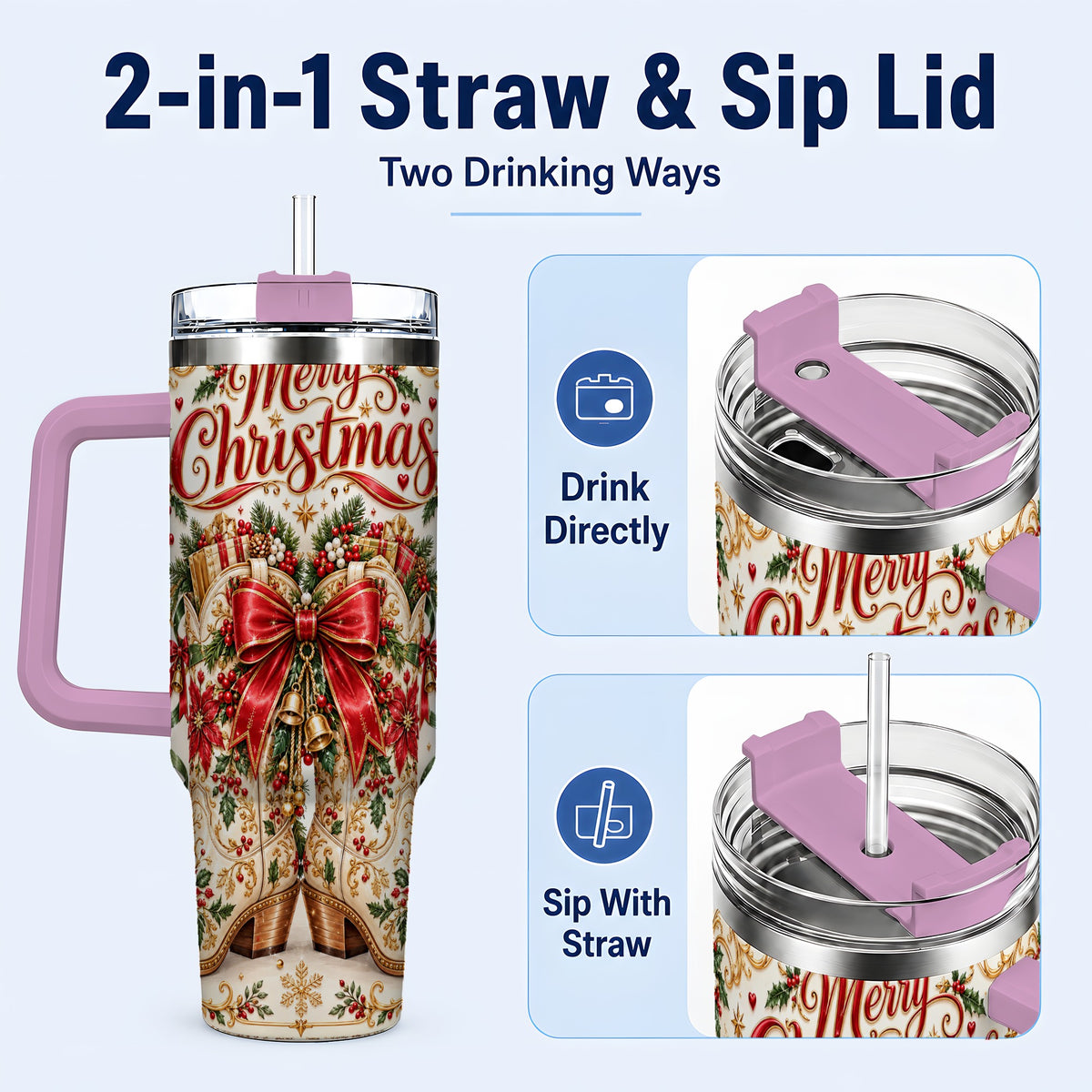 #pl[40oz|Pink] Western Holiday Tumbler 40oz, Boots Tumbler, Stainless Steel Travel Cup