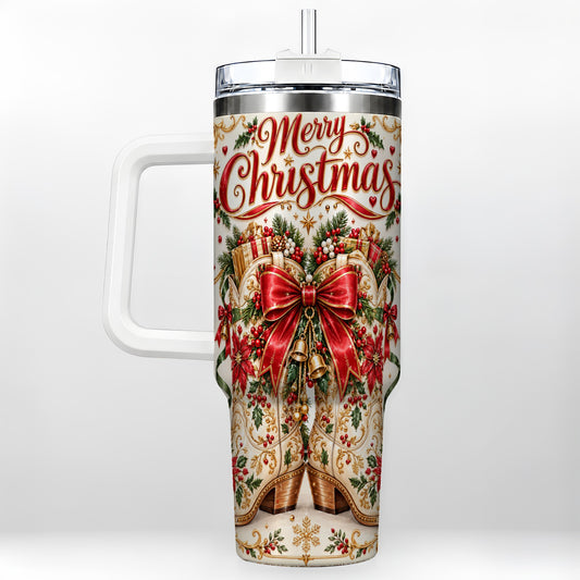 Western Holiday Tumbler 40oz, Boots Tumbler, Stainless Steel Travel Cup