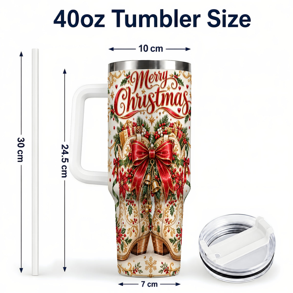 #pl[40oz|White] Western Holiday Tumbler 40oz, Boots Tumbler, Stainless Steel Travel Cup