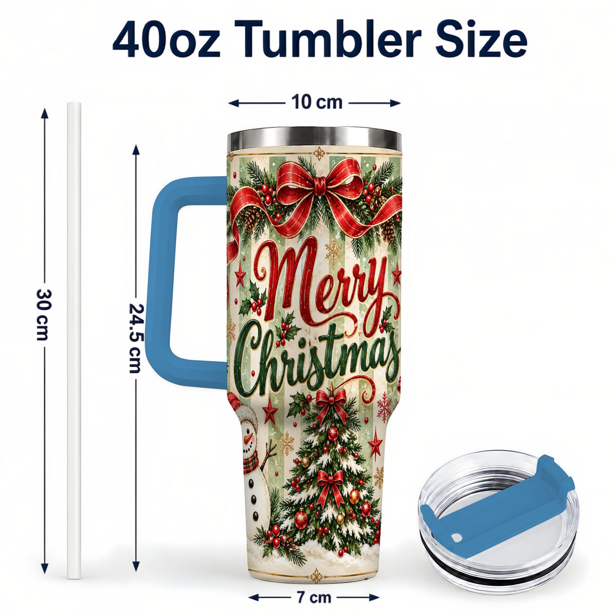 #pl[40oz|Blue] Classic Holiday Tumbler 40oz, Snowman Tumbler, Stainless Steel Travel Cup