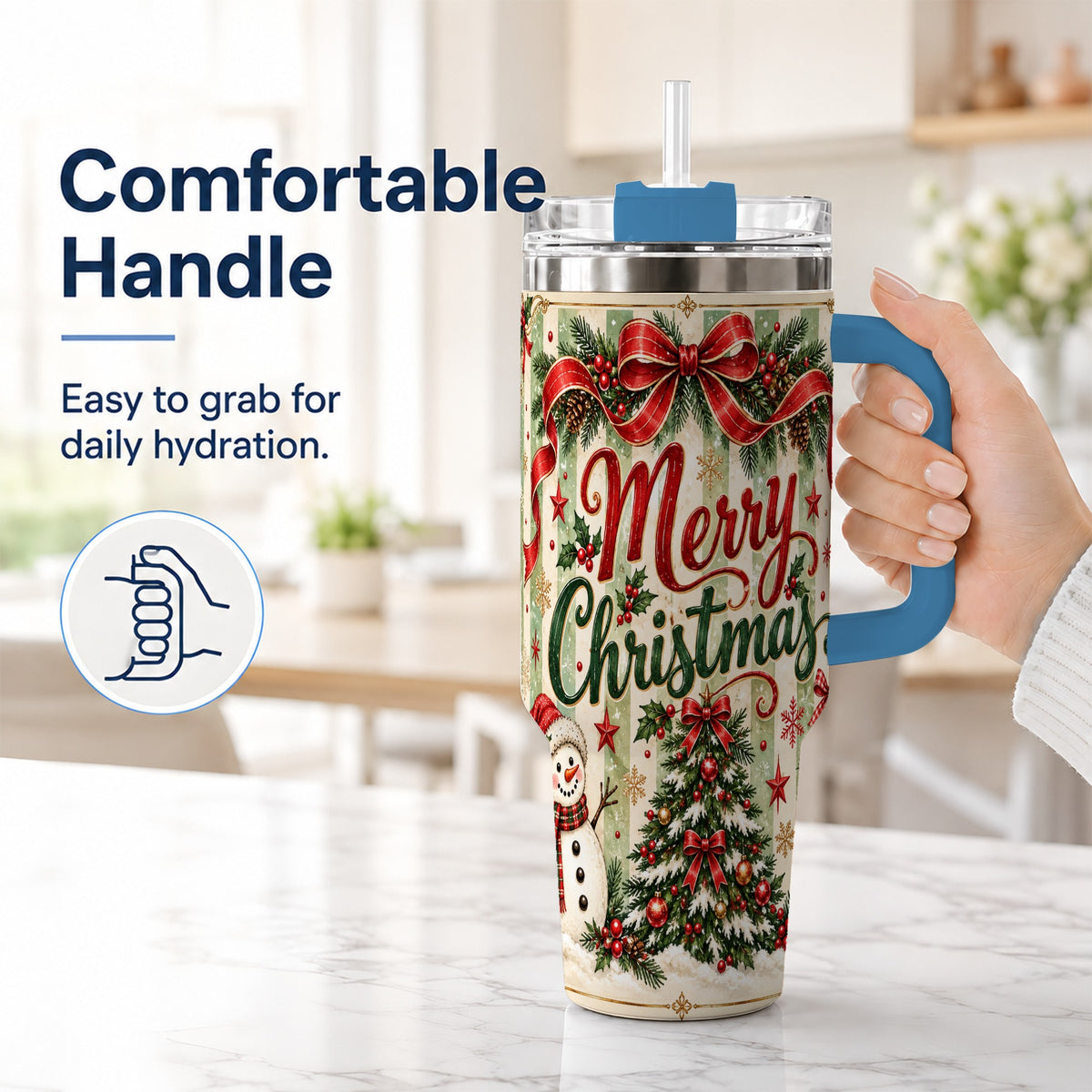 #pl[40oz|Blue] Classic Holiday Tumbler 40oz, Snowman Tumbler, Stainless Steel Travel Cup
