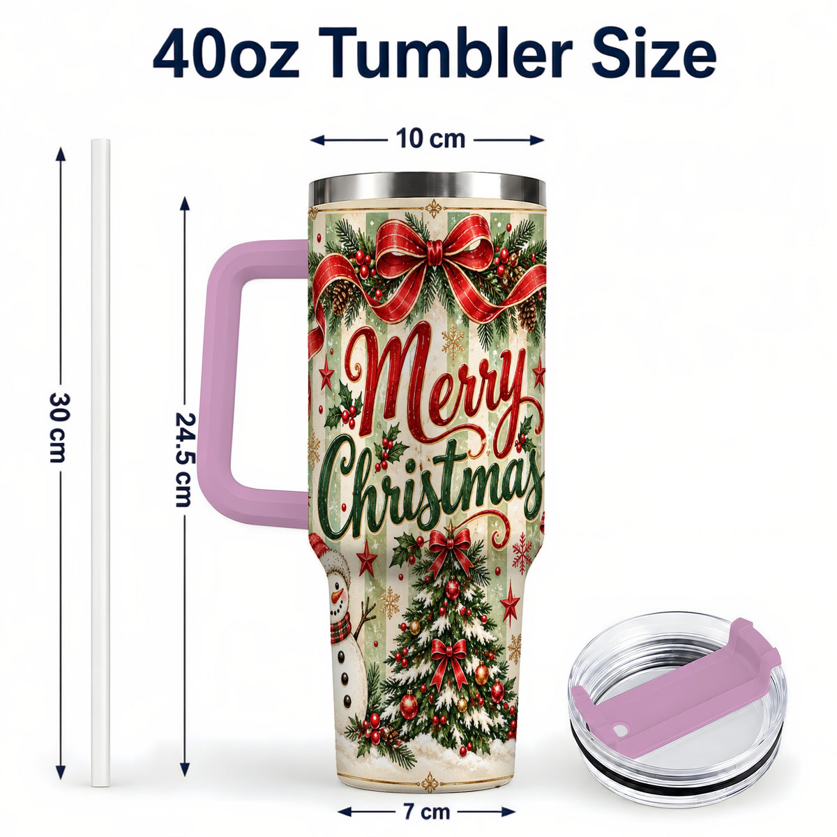 #pl[40oz|Pink] Classic Holiday Tumbler 40oz, Snowman Tumbler, Stainless Steel Travel Cup