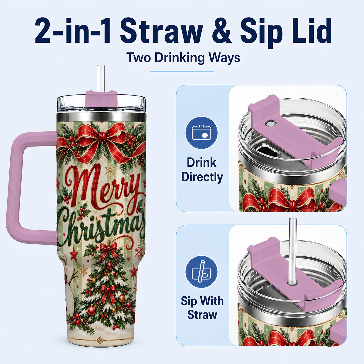 #pl[40oz|Pink] Classic Holiday Tumbler 40oz, Snowman Tumbler, Stainless Steel Travel Cup