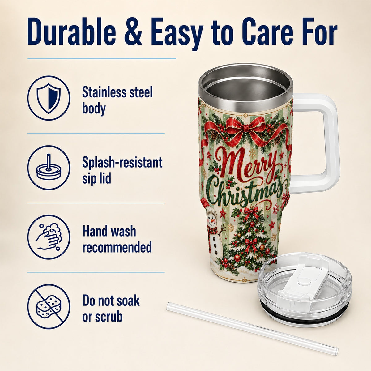 Classic Holiday Tumbler 40oz, Snowman Tumbler, Stainless Steel Travel Cup
