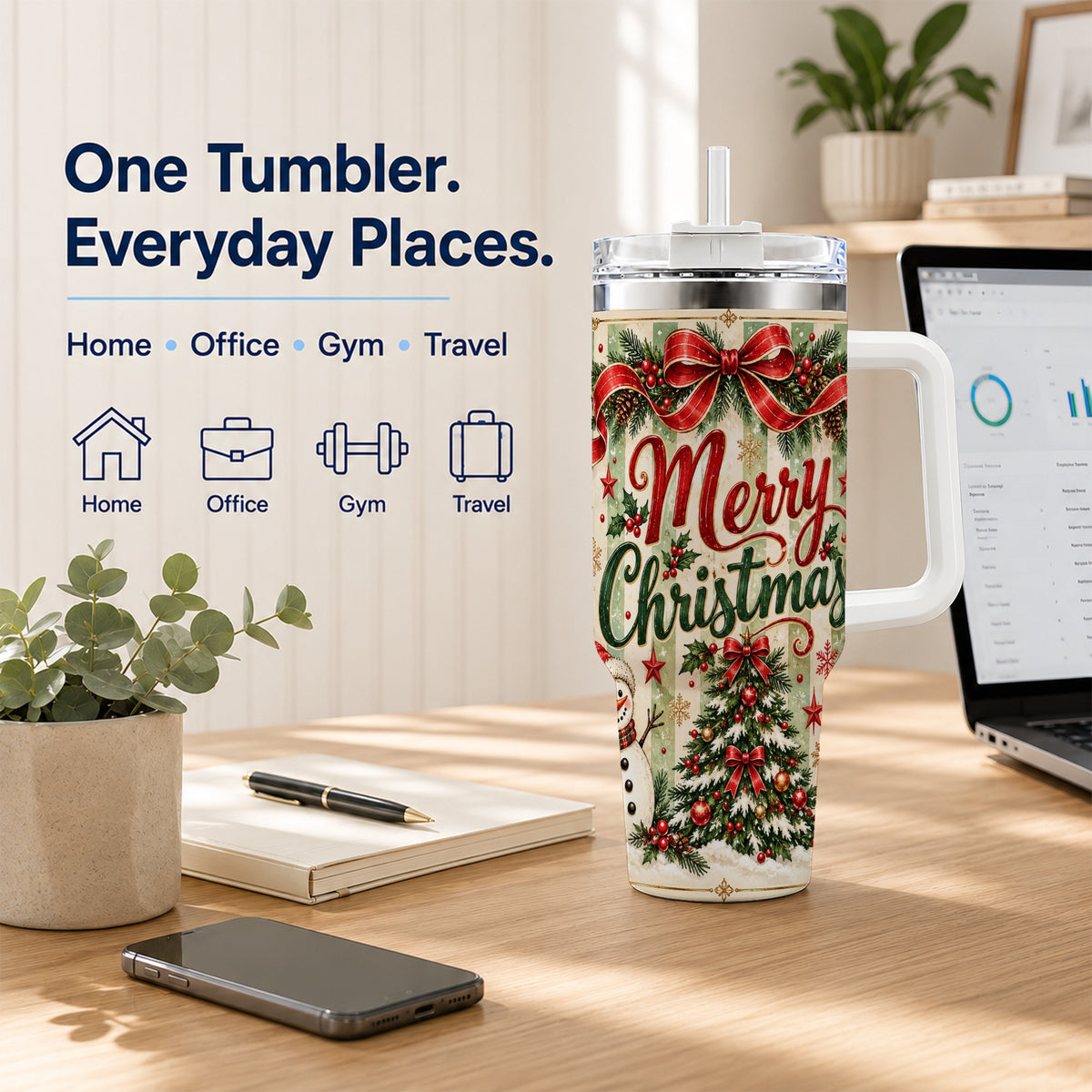 Classic Holiday Tumbler 40oz, Snowman Tumbler, Stainless Steel Travel Cup