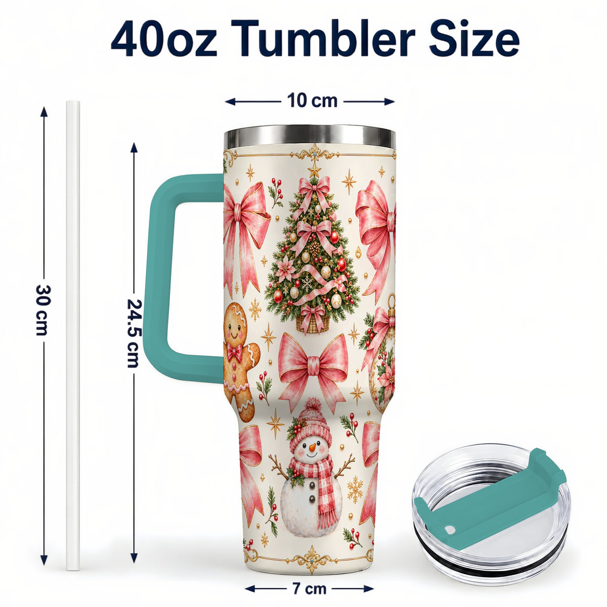 #pl[40oz|Green] Pink Bow Tumbler 40oz, Gingerbread Tumbler, Stainless Steel Travel Cup