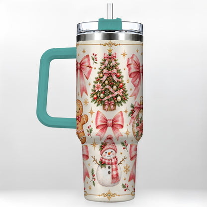 #pl[40oz|Green] Pink Bow Tumbler 40oz, Gingerbread Tumbler, Stainless Steel Travel Cup