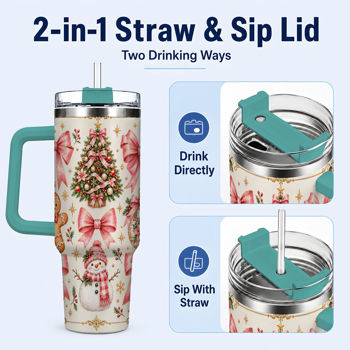 #pl[40oz|Green] Pink Bow Tumbler 40oz, Gingerbread Tumbler, Stainless Steel Travel Cup