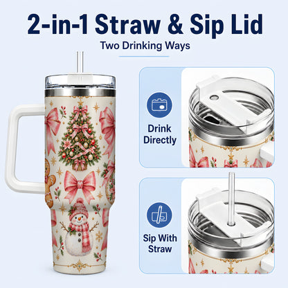 #pl[40oz|White] Pink Bow Tumbler 40oz, Gingerbread Tumbler, Stainless Steel Travel Cup