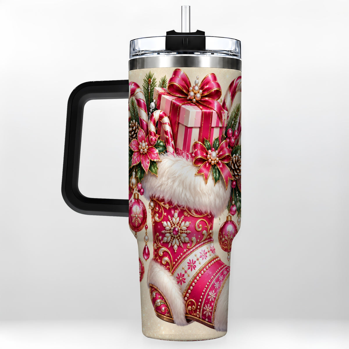 #pl[40oz|Black] Pink Stocking 40oz Tumbler, Candy Cane Stainless Steel Travel Cup