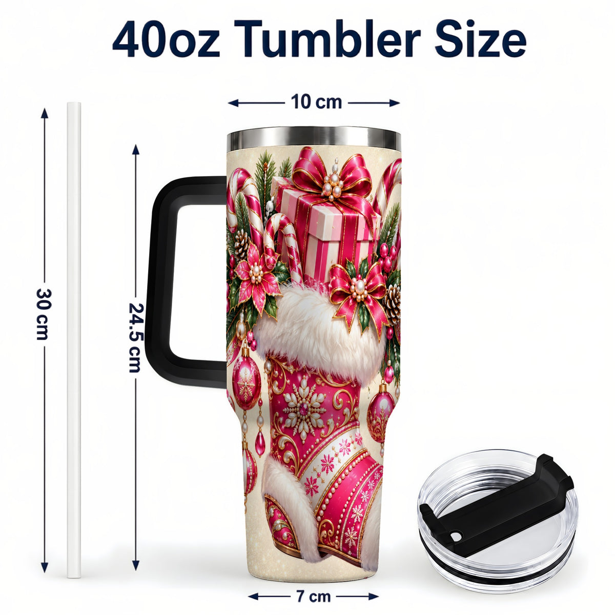 #pl[40oz|Black] Pink Stocking 40oz Tumbler, Candy Cane Stainless Steel Travel Cup