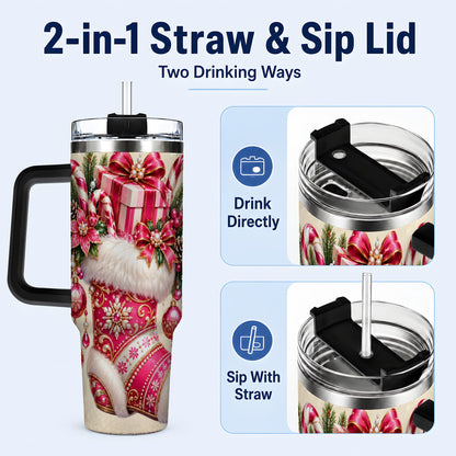 #pl[40oz|Black] Pink Stocking 40oz Tumbler, Candy Cane Stainless Steel Travel Cup