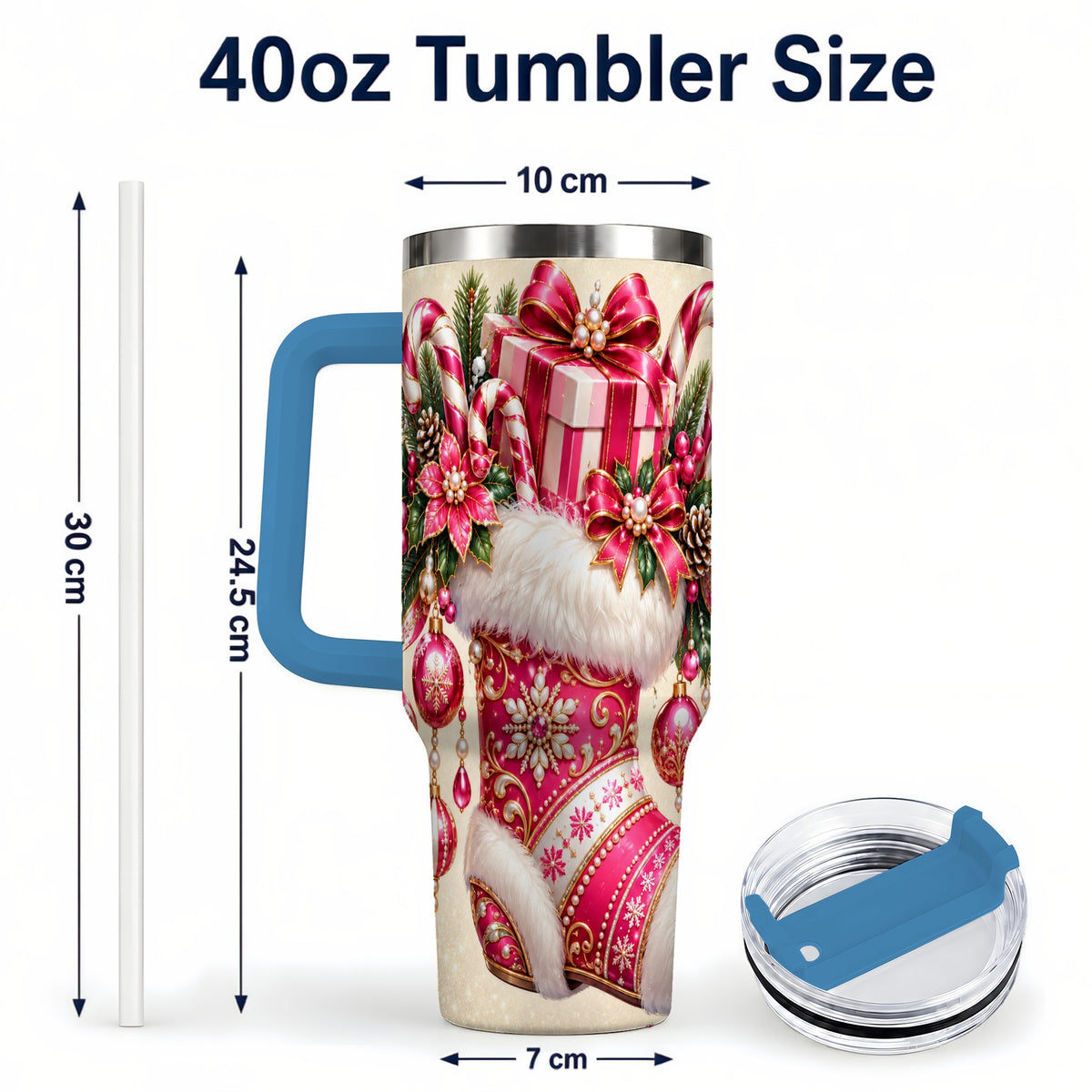 #pl[40oz|Blue] Pink Stocking 40oz Tumbler, Candy Cane Stainless Steel Travel Cup