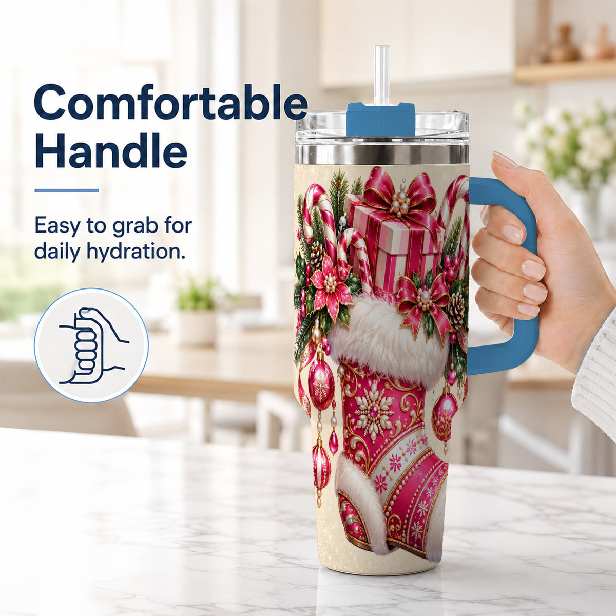 #pl[40oz|Blue] Pink Stocking 40oz Tumbler, Candy Cane Stainless Steel Travel Cup