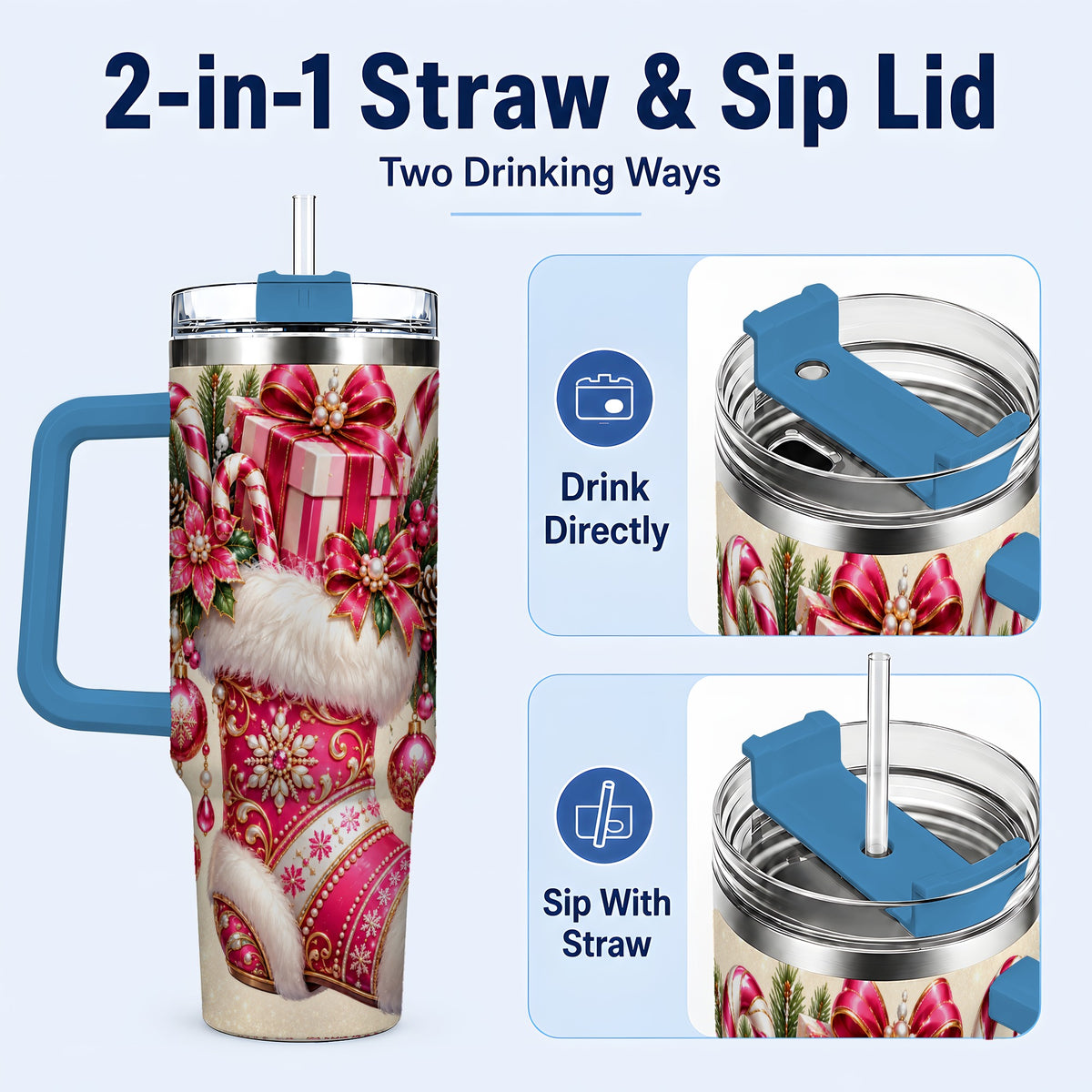 #pl[40oz|Blue] Pink Stocking 40oz Tumbler, Candy Cane Stainless Steel Travel Cup