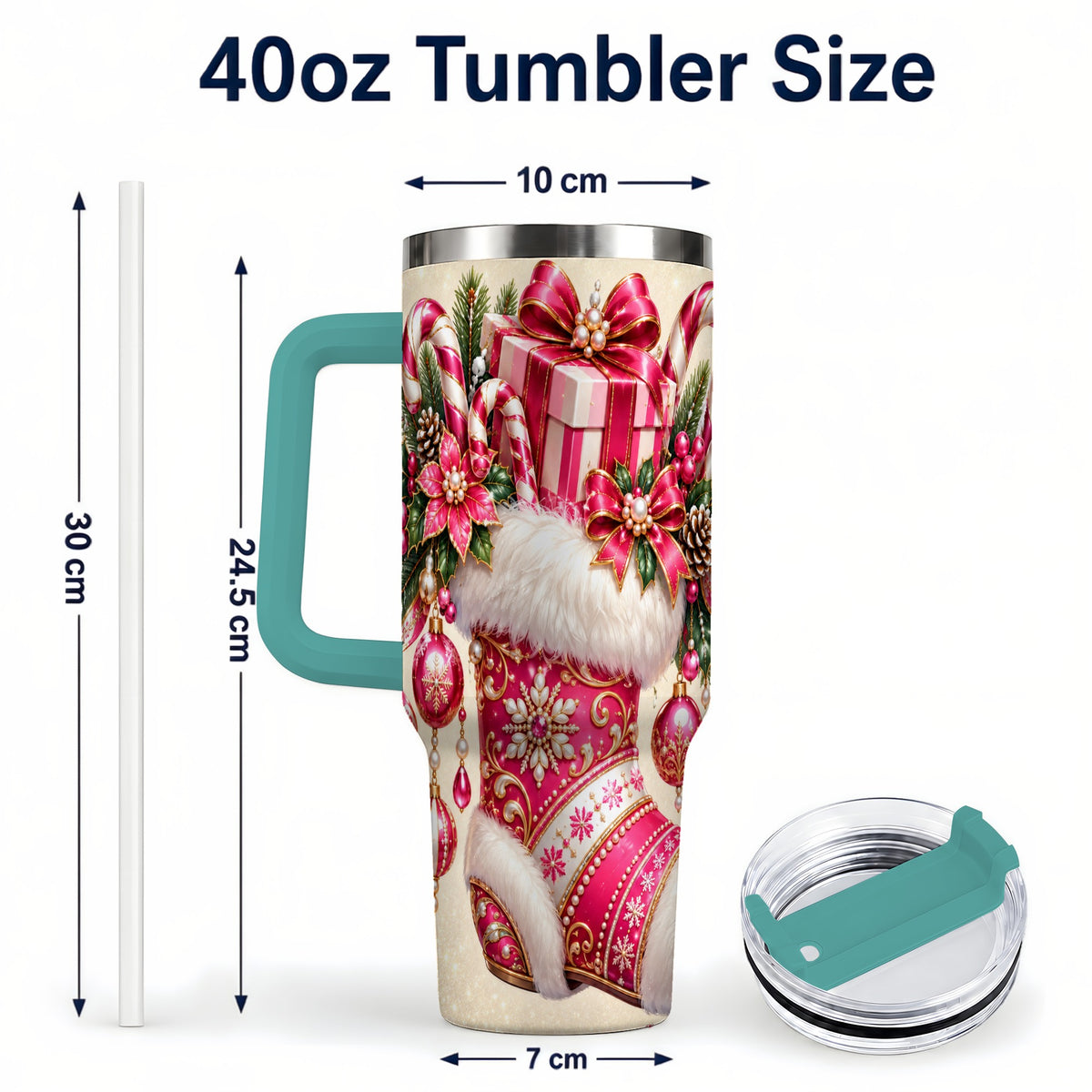 #pl[40oz|Green] Pink Stocking 40oz Tumbler, Candy Cane Stainless Steel Travel Cup