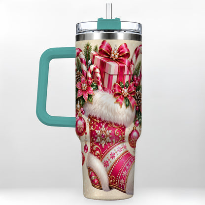 #pl[40oz|Green] Pink Stocking 40oz Tumbler, Candy Cane Stainless Steel Travel Cup