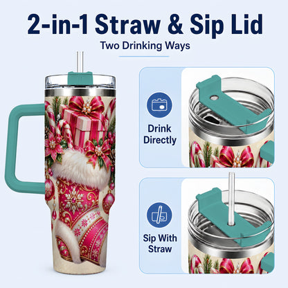 #pl[40oz|Green] Pink Stocking 40oz Tumbler, Candy Cane Stainless Steel Travel Cup