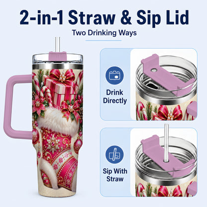 #pl[40oz|Pink] Pink Stocking 40oz Tumbler, Candy Cane Stainless Steel Travel Cup