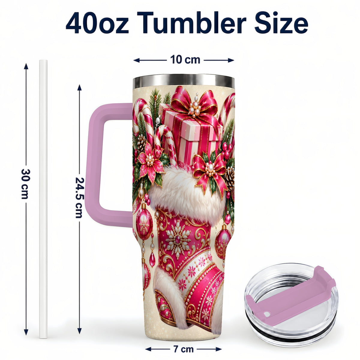 #pl[40oz|Pink] Pink Stocking 40oz Tumbler, Candy Cane Stainless Steel Travel Cup