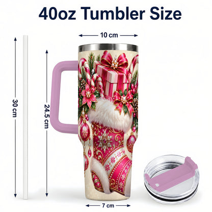 #pl[40oz|Pink] Pink Stocking 40oz Tumbler, Candy Cane Stainless Steel Travel Cup