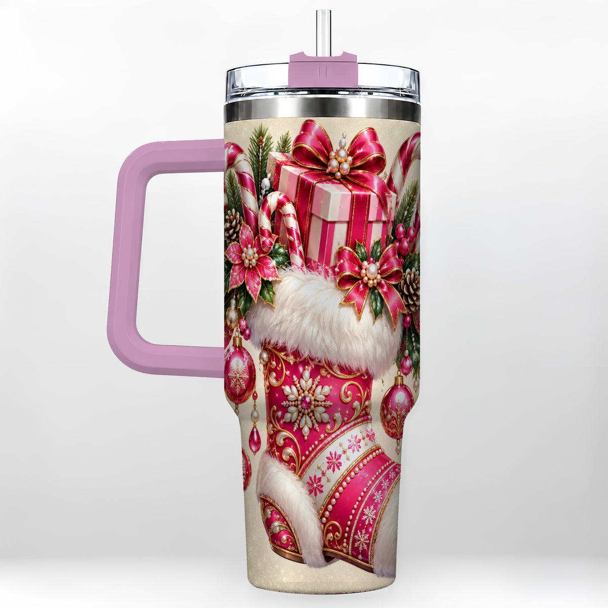 #pl[40oz|Pink] Pink Stocking 40oz Tumbler, Candy Cane Stainless Steel Travel Cup
