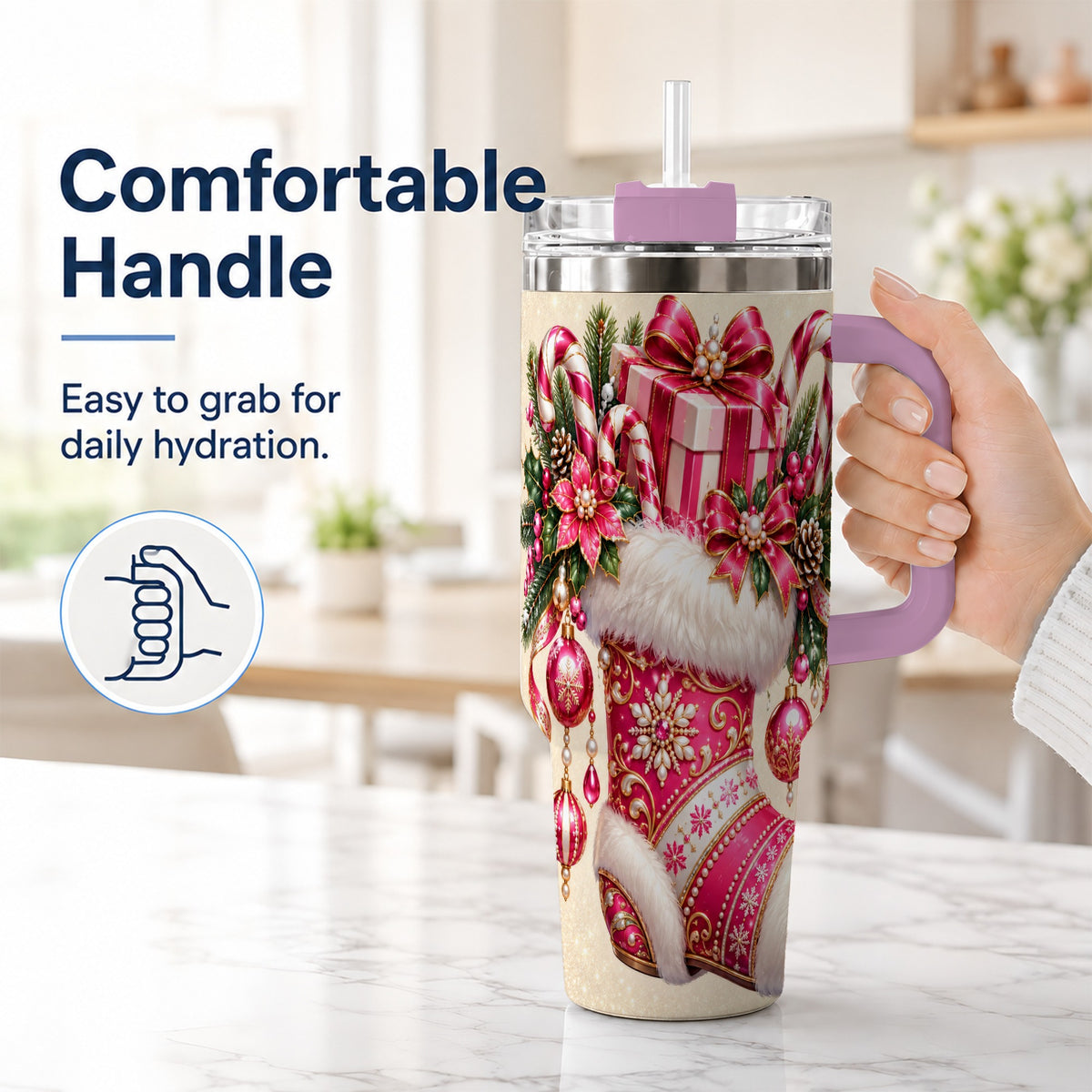 #pl[40oz|Pink] Pink Stocking 40oz Tumbler, Candy Cane Stainless Steel Travel Cup