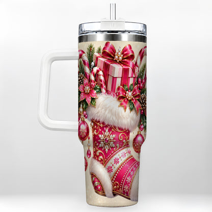 Pink Stocking 40oz Tumbler, Candy Cane Stainless Steel Travel Cup