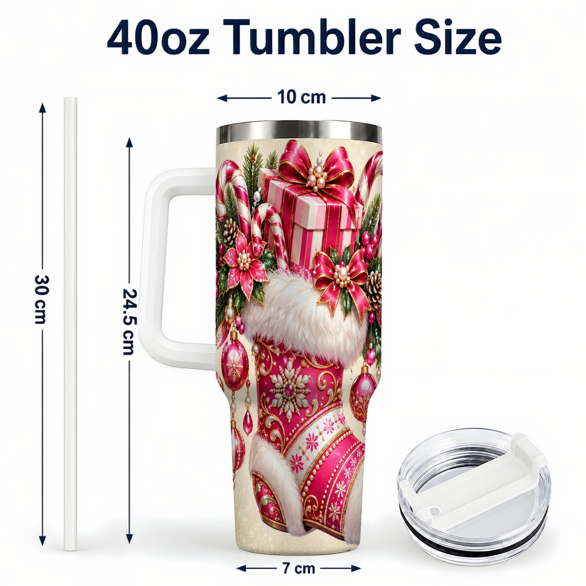 #pl[40oz|White] Pink Stocking 40oz Tumbler, Candy Cane Stainless Steel Travel Cup