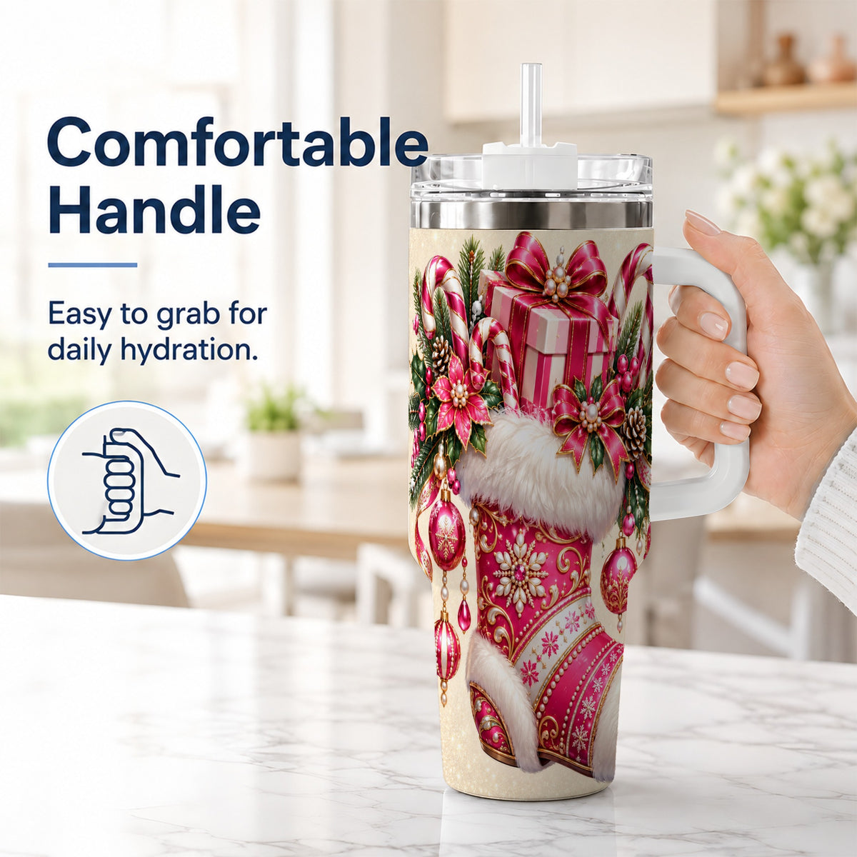 #pl[40oz|White] Pink Stocking 40oz Tumbler, Candy Cane Stainless Steel Travel Cup