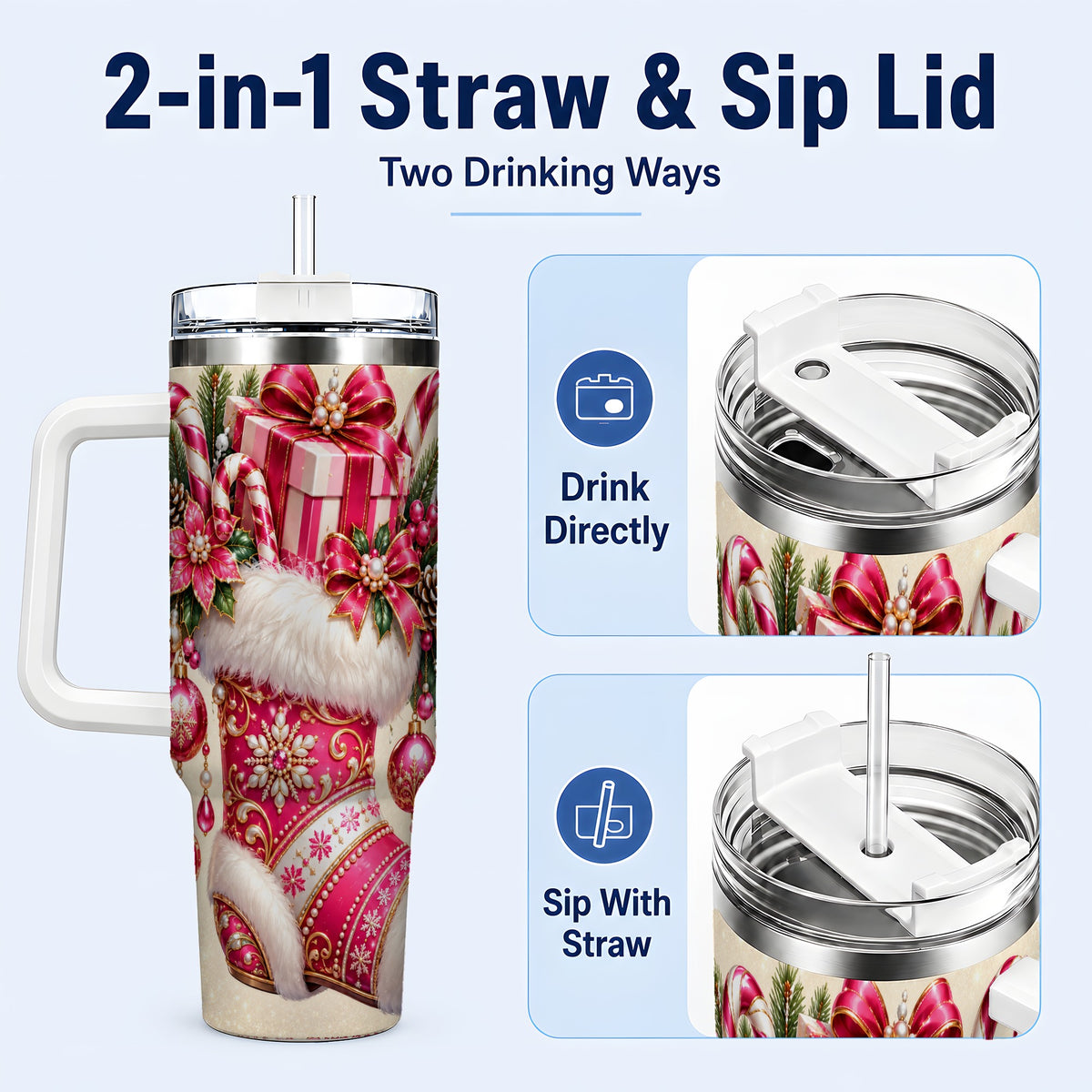 #pl[40oz|White] Pink Stocking 40oz Tumbler, Candy Cane Stainless Steel Travel Cup