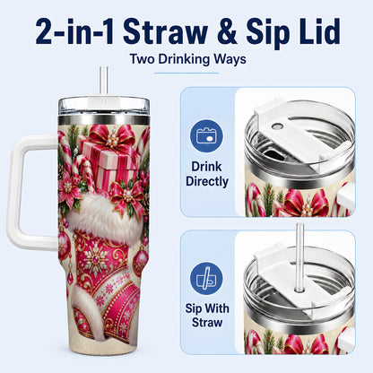 #pl[40oz|White] Pink Stocking 40oz Tumbler, Candy Cane Stainless Steel Travel Cup