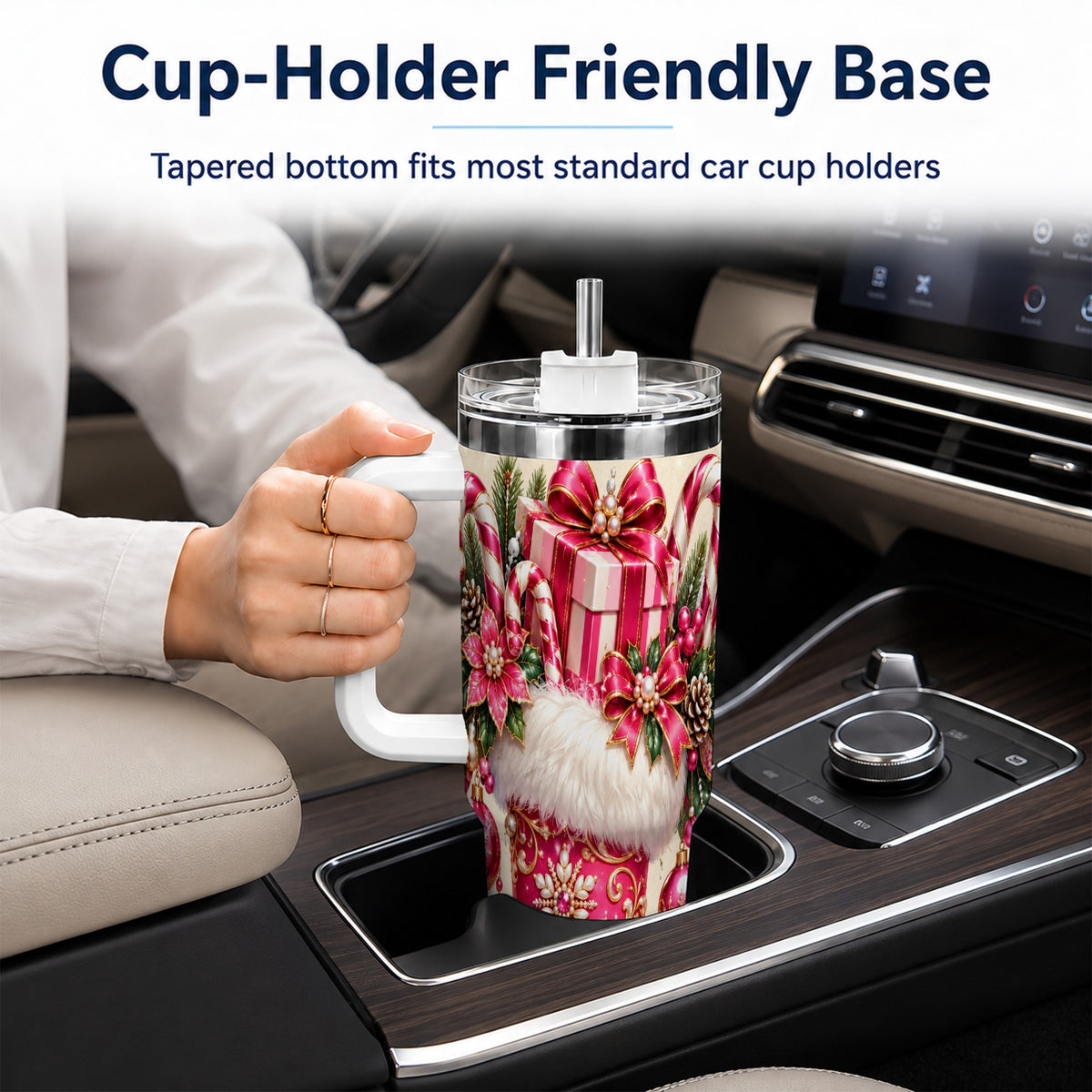 Pink Stocking 40oz Tumbler, Candy Cane Stainless Steel Travel Cup
