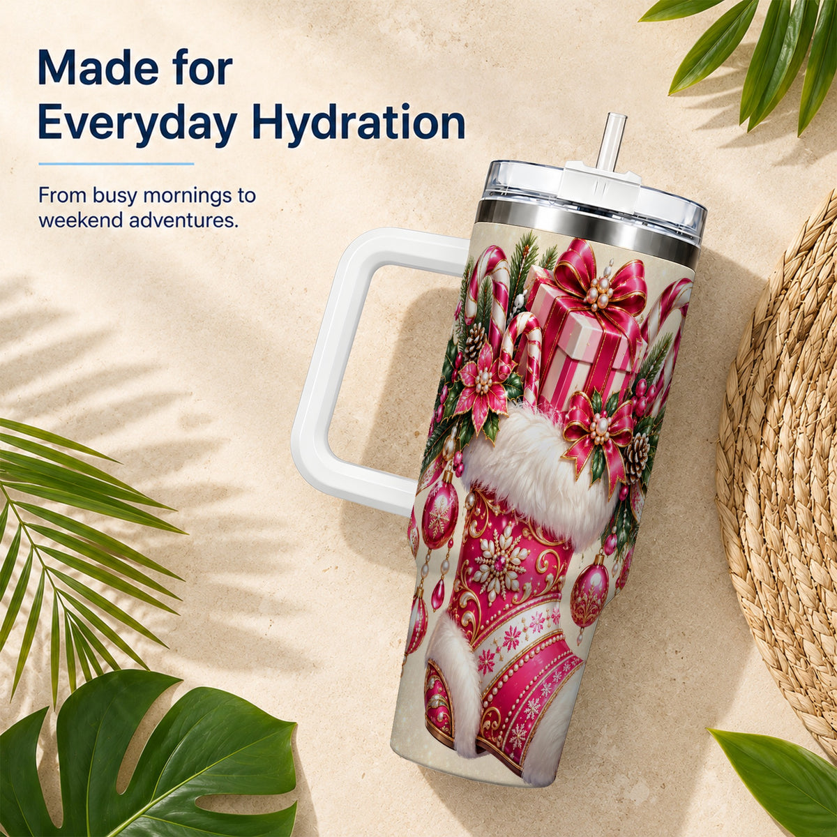 Pink Stocking 40oz Tumbler, Candy Cane Stainless Steel Travel Cup