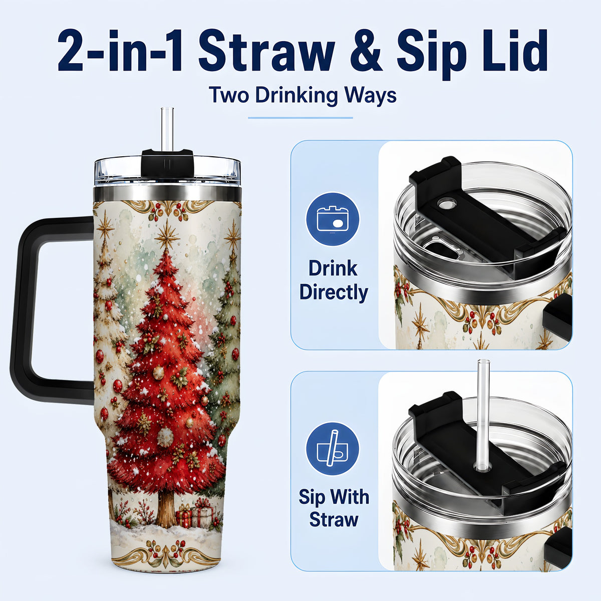 #pl[40oz|Black] Christmas Tree 40oz Tumbler with Handle, Holiday Stainless Steel Travel Cup