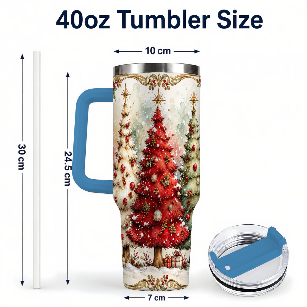 #pl[40oz|Blue] Christmas Tree 40oz Tumbler with Handle, Holiday Stainless Steel Travel Cup