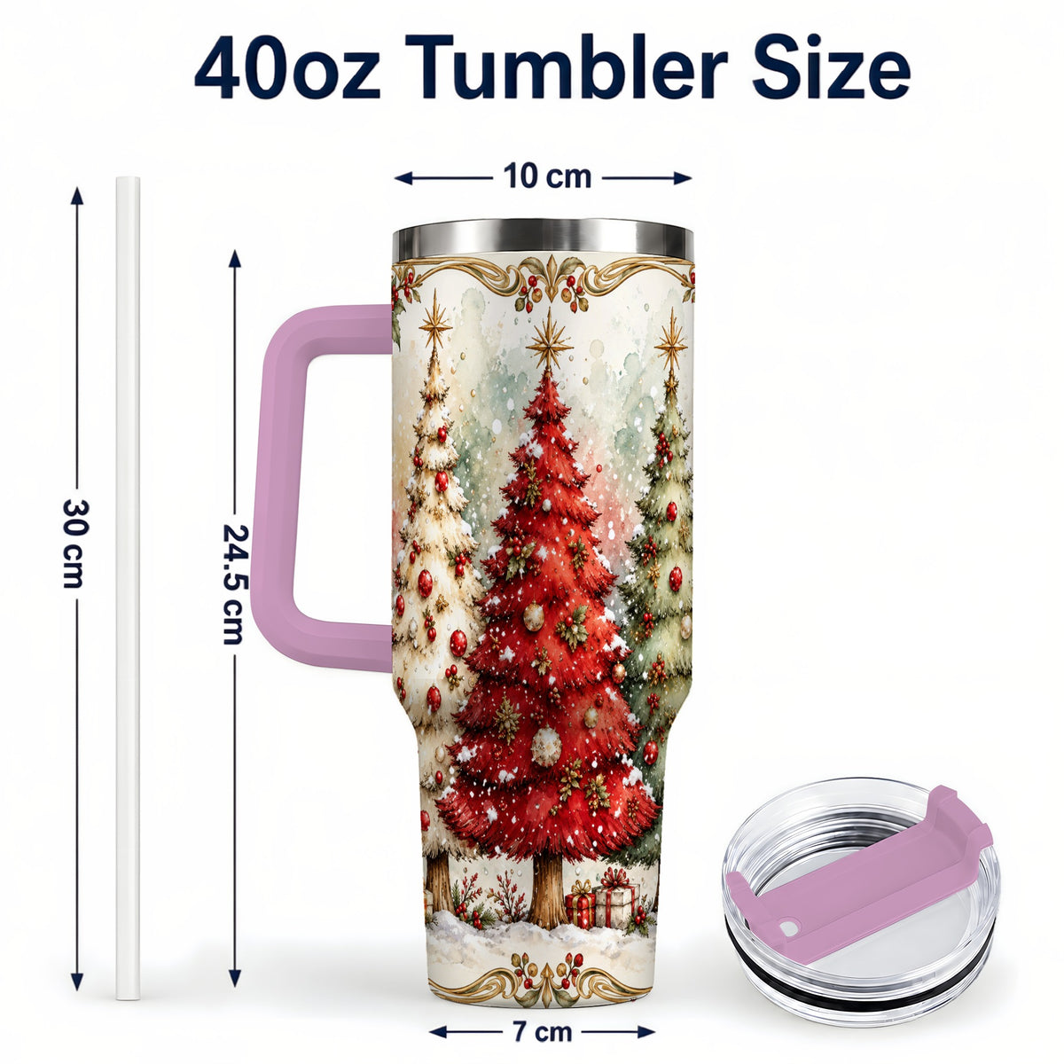 #pl[40oz|Pink] Christmas Tree 40oz Tumbler with Handle, Holiday Stainless Steel Travel Cup