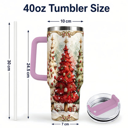 #pl[40oz|Pink] Christmas Tree 40oz Tumbler with Handle, Holiday Stainless Steel Travel Cup