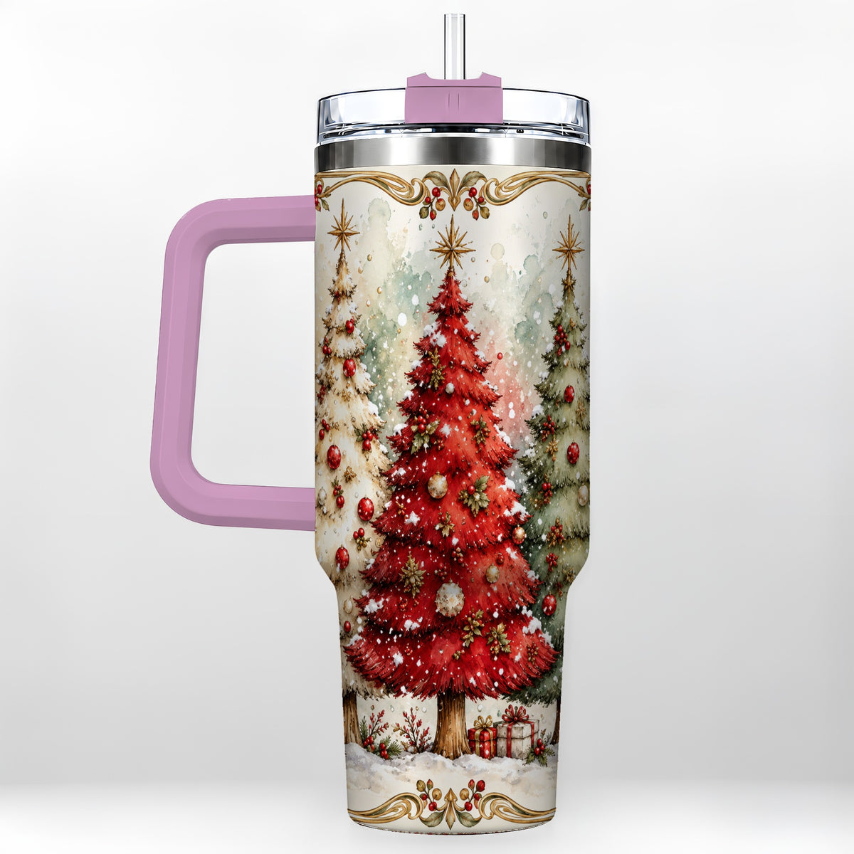 #pl[40oz|Pink] Christmas Tree 40oz Tumbler with Handle, Holiday Stainless Steel Travel Cup