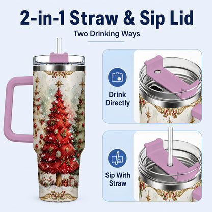 #pl[40oz|Pink] Christmas Tree 40oz Tumbler with Handle, Holiday Stainless Steel Travel Cup