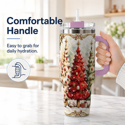#pl[40oz|Pink] Christmas Tree 40oz Tumbler with Handle, Holiday Stainless Steel Travel Cup