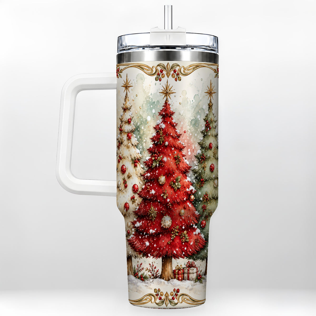 Christmas Tree 40oz Tumbler with Handle, Holiday Stainless Steel Travel Cup