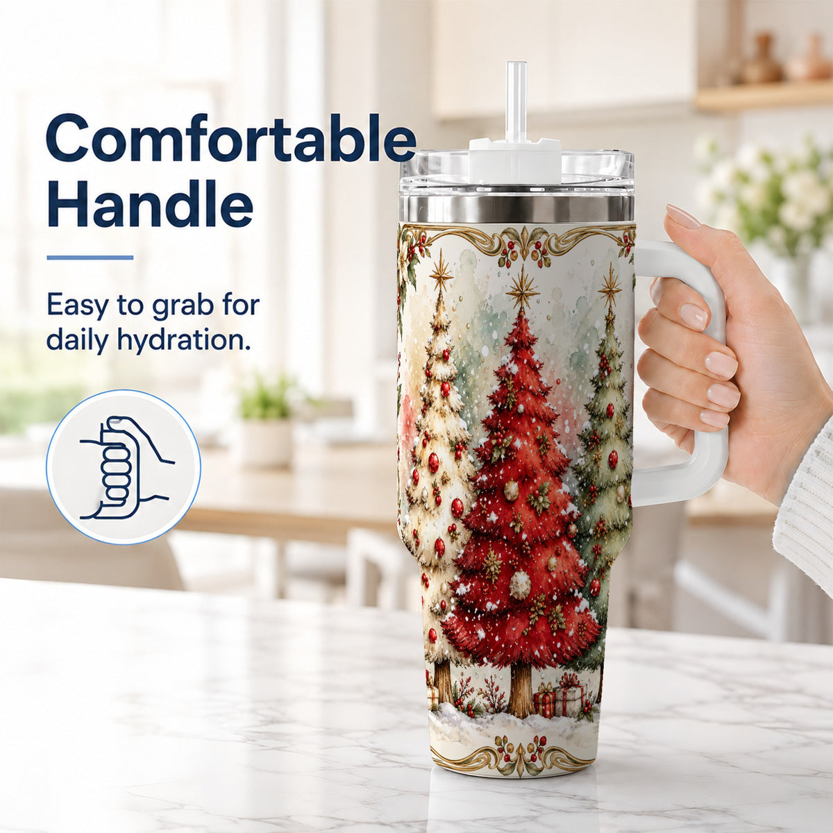 #pl[40oz|White] Christmas Tree 40oz Tumbler with Handle, Holiday Stainless Steel Travel Cup