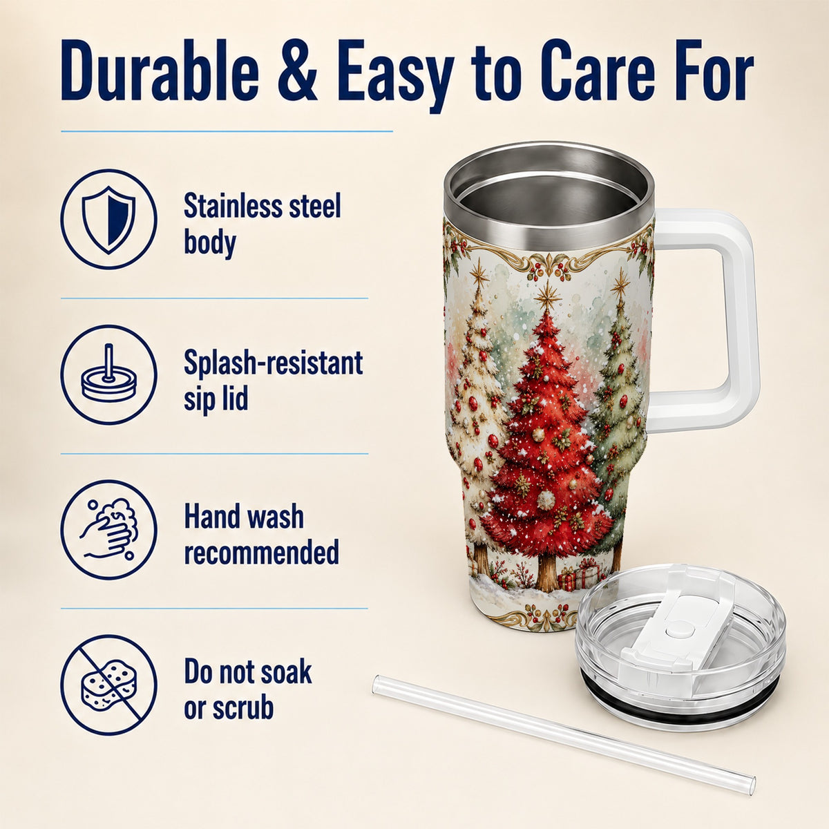 Christmas Tree 40oz Tumbler with Handle, Holiday Stainless Steel Travel Cup