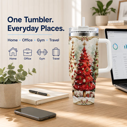 Christmas Tree 40oz Tumbler with Handle, Holiday Stainless Steel Travel Cup
