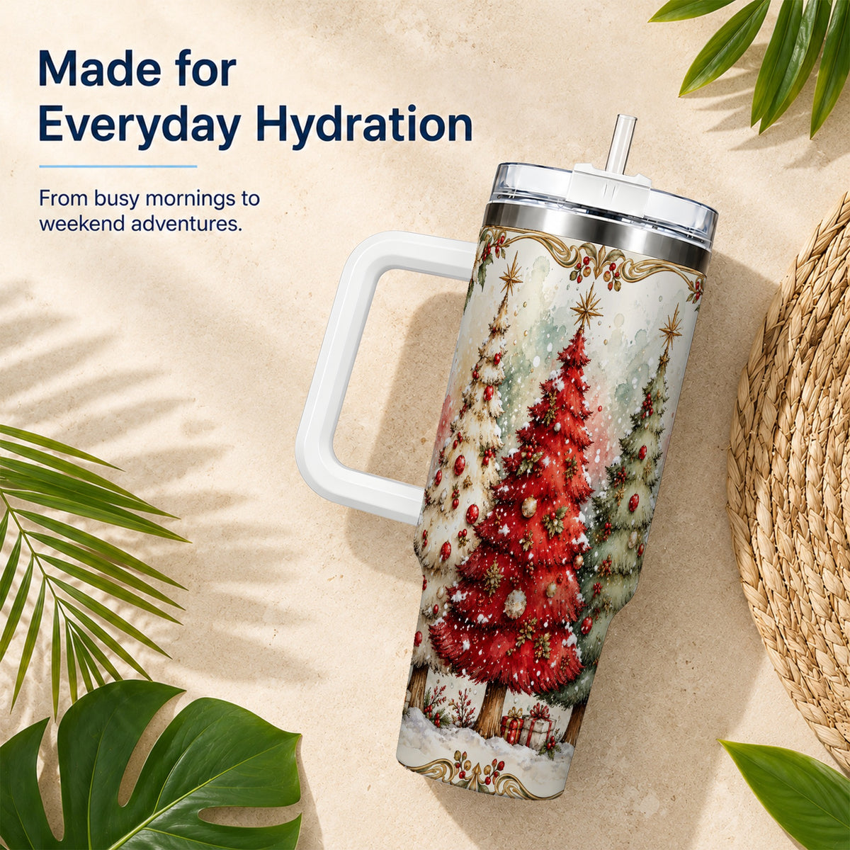 Christmas Tree 40oz Tumbler with Handle, Holiday Stainless Steel Travel Cup