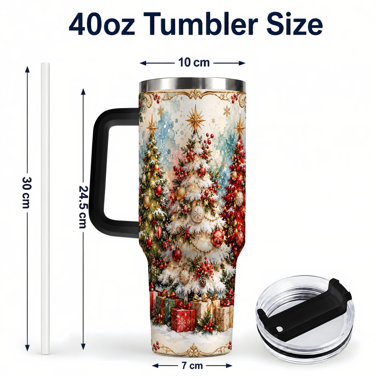 #pl[40oz|Black] Decorated Tree 40oz Tumbler with Handle, Holiday Stainless Steel Travel Cup