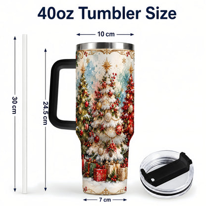 #pl[40oz|Black] Decorated Tree 40oz Tumbler with Handle, Holiday Stainless Steel Travel Cup
