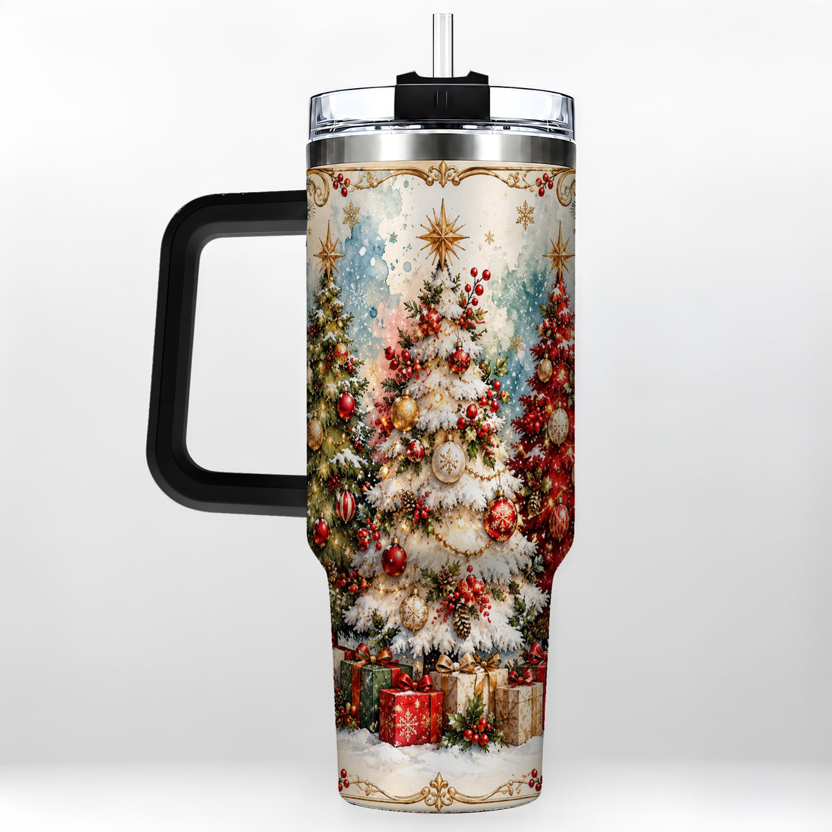 #pl[40oz|Black] Decorated Tree 40oz Tumbler with Handle, Holiday Stainless Steel Travel Cup